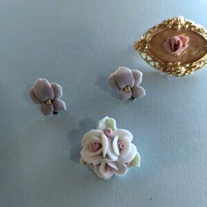 Victorian Revival Brooch Porcelain Rose Enamel Ornate Mix lot Shades of Pink